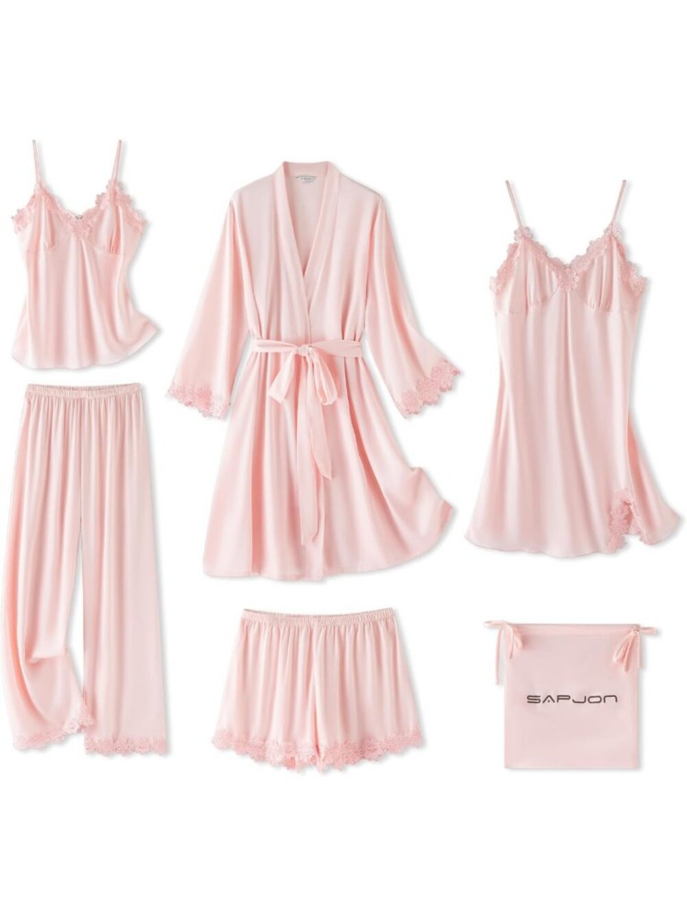 Cute Satin Pajama Set for Women - 6PCS Silk Lace Bridal PJs with Robe